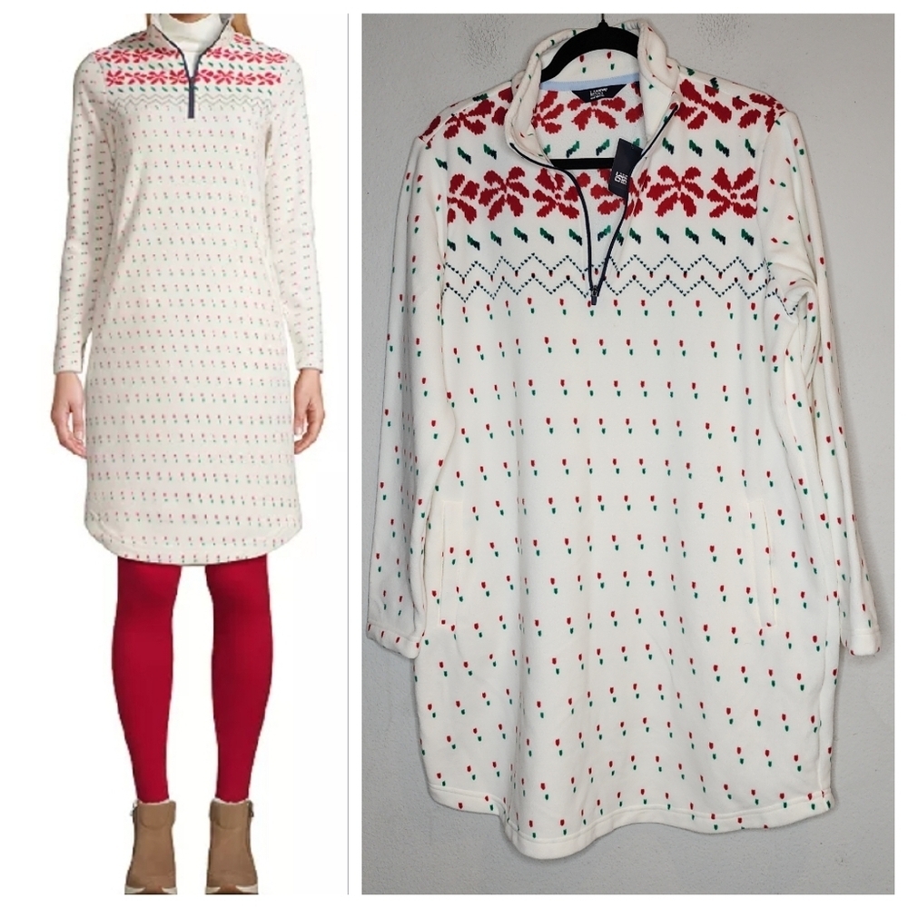NWT‎ Lands' End Fleece Ivory Poinsettia 1/4 Zip Dress Or Pajamas Size XL Petite